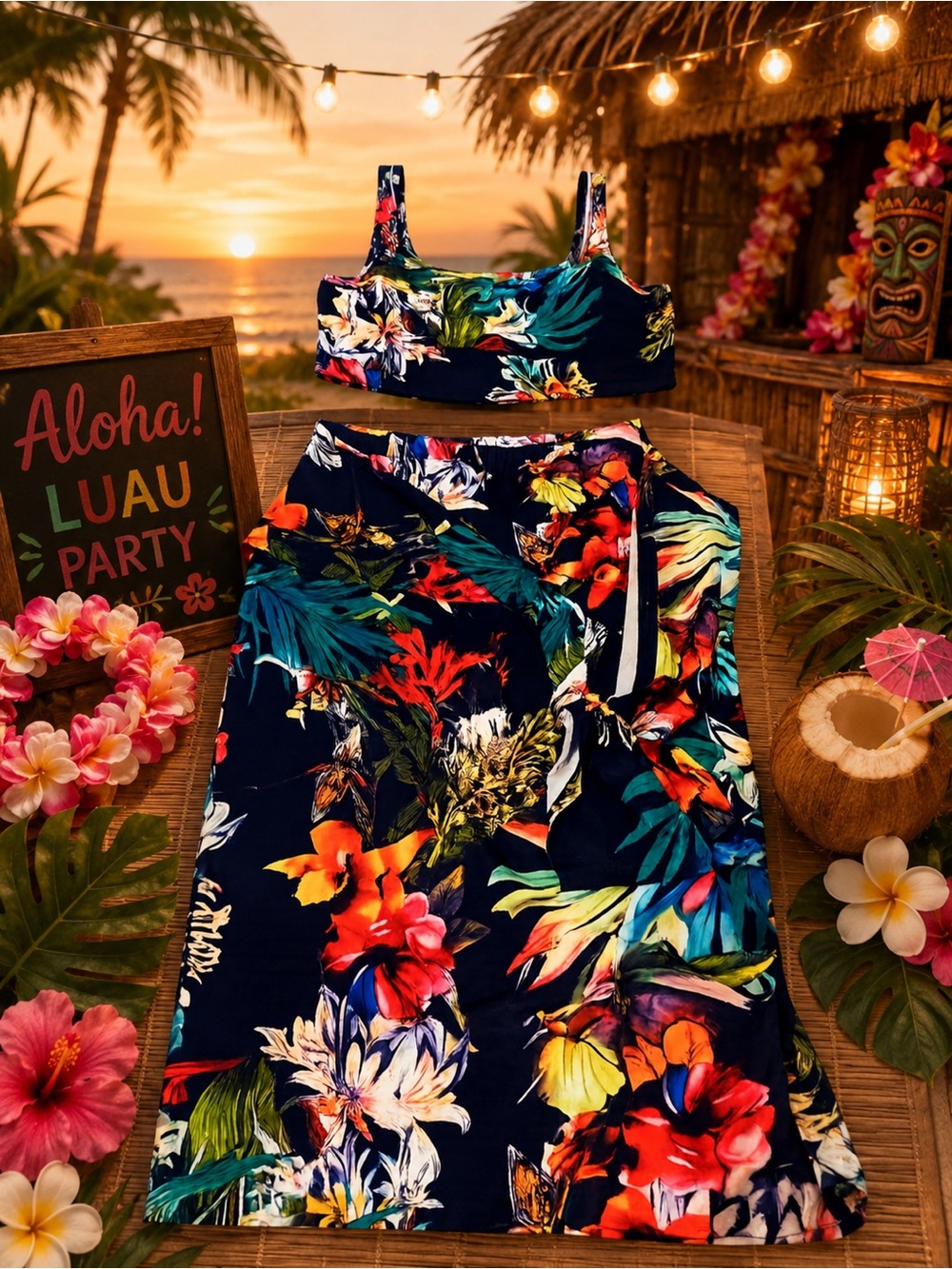 SHEIN Navy Tropical Floral Maxi Skirt Set with Multicolor Blooms